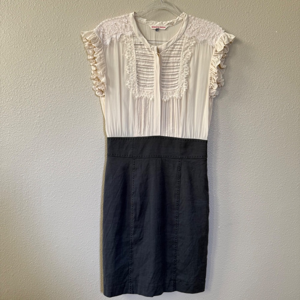 Rebecca Taylor Silk Ivory Lace Ruffle Cap Sleeve Sheath Dress‎ Women's Size 8